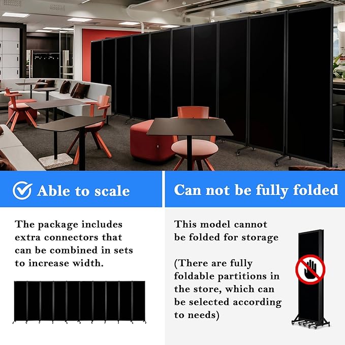 Upgrade Version Room Partition and Divider, Freestanding Rolling Dividers with Wheels,Office Privacy Screen Divider Wall,Classroom Felt Dividers,10'6"L* 6'7"H,5 Panel,Black