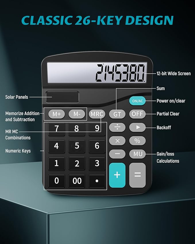 Lichamp Desk Calculators with Big Buttons and Large Display, Office Desktop Calculator Basic 12 Digit with Solar Power and AA Battery (Included), 10 Bulk Pack