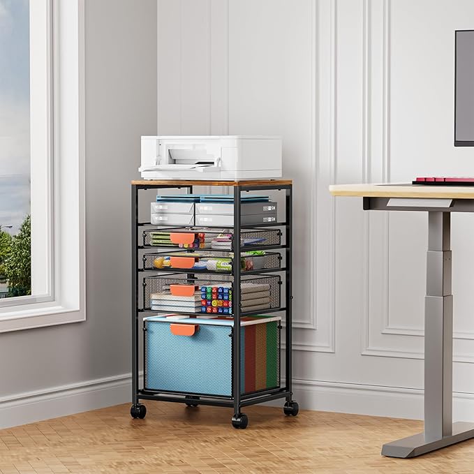 Marbrasse Rolling File Cart with 4 Storage Drawers, Mobile File Cabinet on Lockable Wheels, Hanging Filing Cabinet Organize, Under Desk Utility Cart for Home Office - Dark Brown