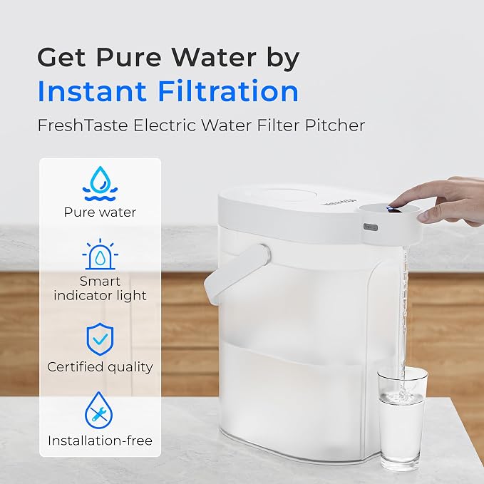 Waterdrop ED06W Electric Water Filter Pitcher with 2 Filters, 17-Cup, White | FreshTaste Rechargeable Dispenser, Instant Countertop Purifier, Reduce Chlorine, Lead, Copper, Purify, Soften Water