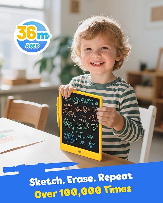 TEKFUN Toys for Girls Boys 10IN LCD Writing Tablet, Magic Doodle Board with Anti-Lost Stylus, Mess Free Coloring for Toddlers Drawing Pad, Toddler Travel Car Plane Trip Toys Gifts (Yellow)