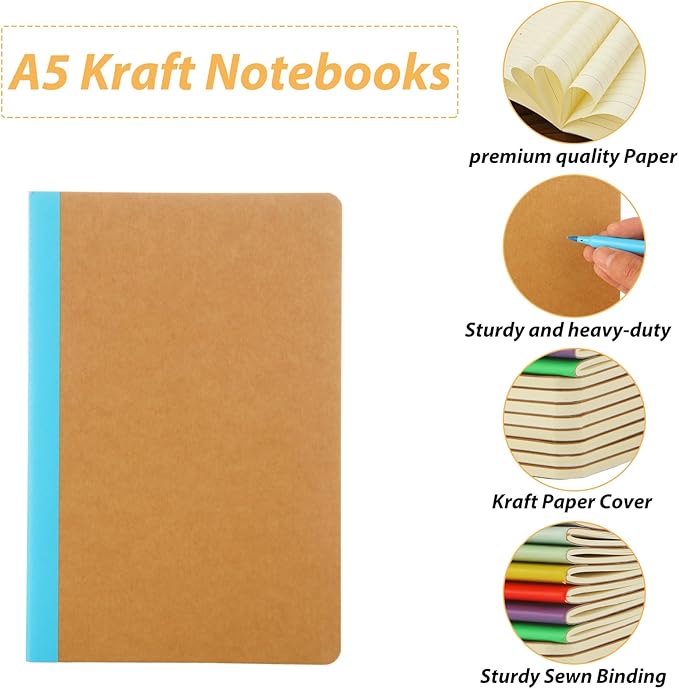MIVIDE 48 Pack A5 Kraft Notebooks, Colourful Spine Lined Journal Bulk Pack 8.3 x 5.5 inch Notebooks 60 Pages, Travel Notebooks for Writing, Making Plans, School Office Supplies