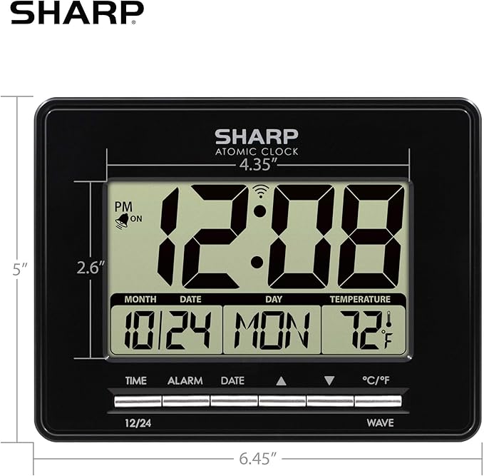 Sharp Atomic Desktop Clock – Auto Set Digital Alarm Clock - Atomic Accuracy - Easy to Read Screen with Time/Date/Temperature Display- Perfect for Nightstand or Desk