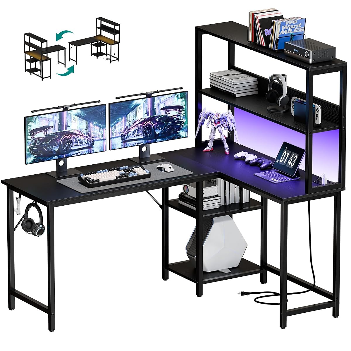 L Shaped Desk, Gaming Desk, LED Lights, 53 Inch