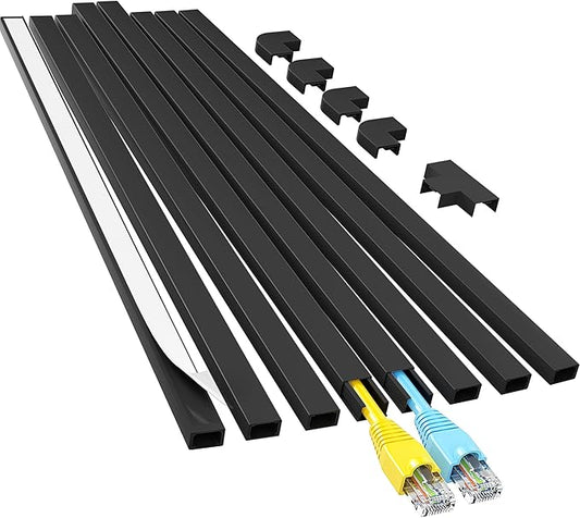 Yecaye Cord Hider, 113in Black Cord Covers for Wires on Wall, One-Cord Cord Organizer, Easy Install Cable Management Kit, Cable Cover Home Office, W0.59in H0.4in, Black