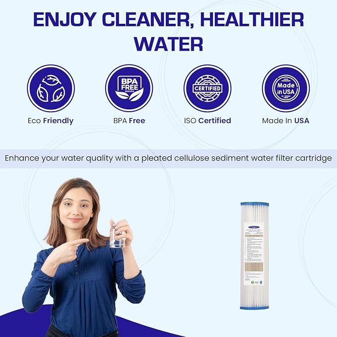 Crystal Quest Pleated Cellulose Sediment Cartridge - 2-7/8” x 9-3/4” - 5 Micron Filtration - Durable & Long-Lasting - High Dirt-Holding Capacity - Fits Residential & Commercial Systems