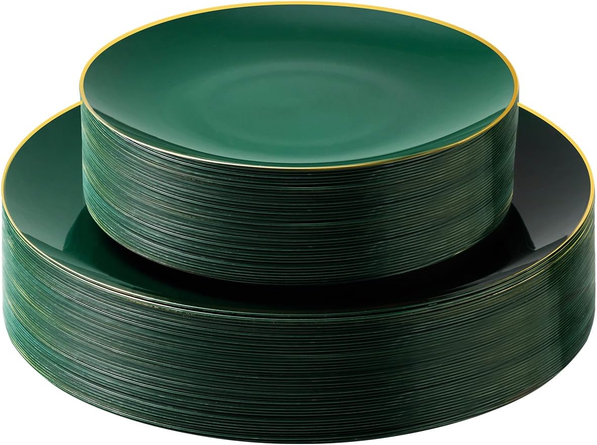 50PCS Green Gold Plastic Plates, Green Disposable Plates for Party, Wedding, Include 25 Dinner Plates, 25 Dessert Plates for 25 Guests
