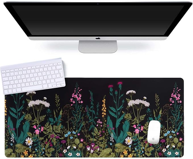 iCasso Desk Mat, Big Desk Pad, XXL Extended Gaming Mouse Pad, Large Mouse Pad for Desk Protector, Rubber Base Mousepad with Stitched Edges, Keyboard Mouse Mat for Work, Game, Office, Home - Weeds