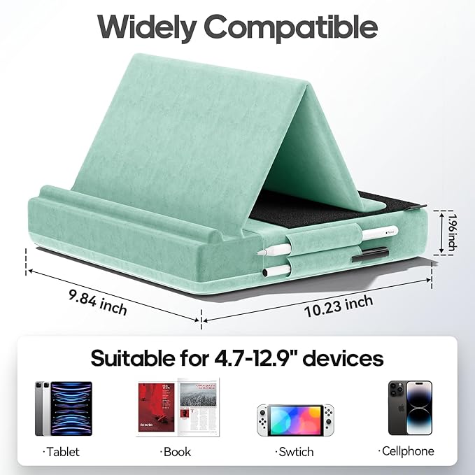 KDD Tablet Pillow Stand, Multi-Angle Viewing Ipad Holder for Lap, Bed and Desk, Foldable Soft Pad Dock with Stylus Mount Compatible with Ipad Pro 12.9, 10.5, 11, Air, Mini, Phones, Books, E-Reader
