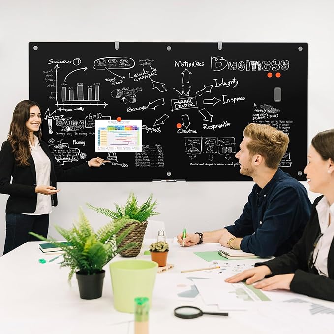 Large Black Glass Dry Erase Board, 96 x 48 Inches Magnetic Glass whiteboard,8' x 4' Frameless Blackboard for Office, Home, School
