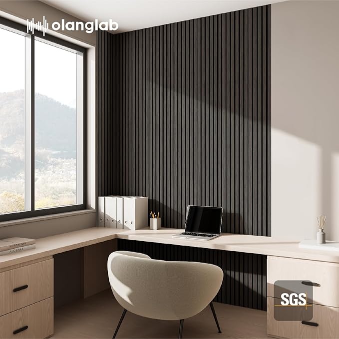 Olanglab Wood Slat Wall Panels 4 Pack, Wooden Acoustic Wall Panels, 94.5"x12.6" Each 3D Wall Panels for Interior Wall Decor (Black-Extendo Trio)