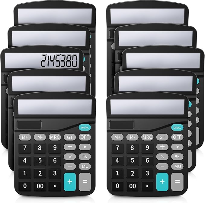 Lichamp Desk Calculators with Big Buttons and Large Display, Office Desktop Calculator Basic 12 Digit with Solar Power and AA Battery (Included), 10 Bulk Pack
