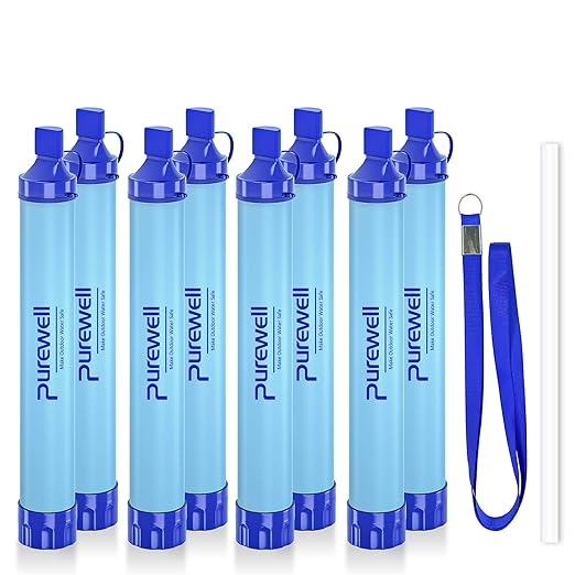 Purewell Outdoor Water Filter Personal Water Filtration Straw Emergency Survival Gear Water Purifier for Camping Hiking Climbing Backpacking(8PCS)