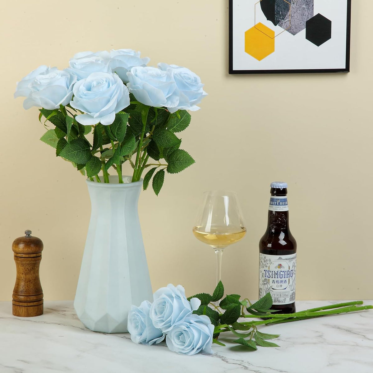 12pcs Roses Artificial Flowers Fake Roses Baby Blue Silk Roses White Silk Flowers Rose with Long Stems for Wedding Home Party Centerpieces Decorations