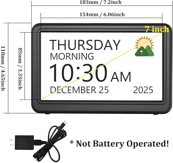 Clock with Day and Date for Elderly, 7" Large Display Digital Calendar Day Clock with 20 Custom Alarms and Medicine Reminders, 12 Display Modes, Dimmable Dementia Alzheimers Clocks for Seniors