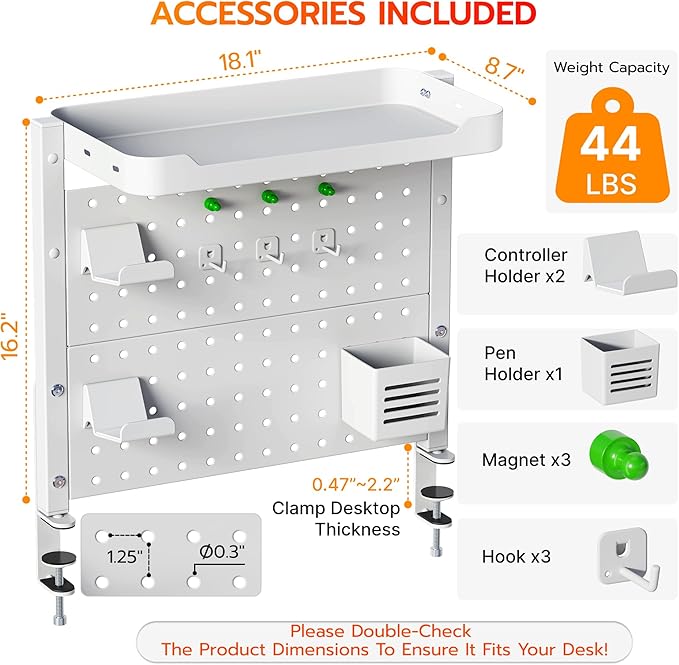 ARES WING Clamp On Desk Pegboard with 16 inches Organizer Shelf, Adjustable Above or Under Desk Storage Shelf Holds 44 lbs, Magnetic Metal Peg Board for Office and Gaming Accessories, White