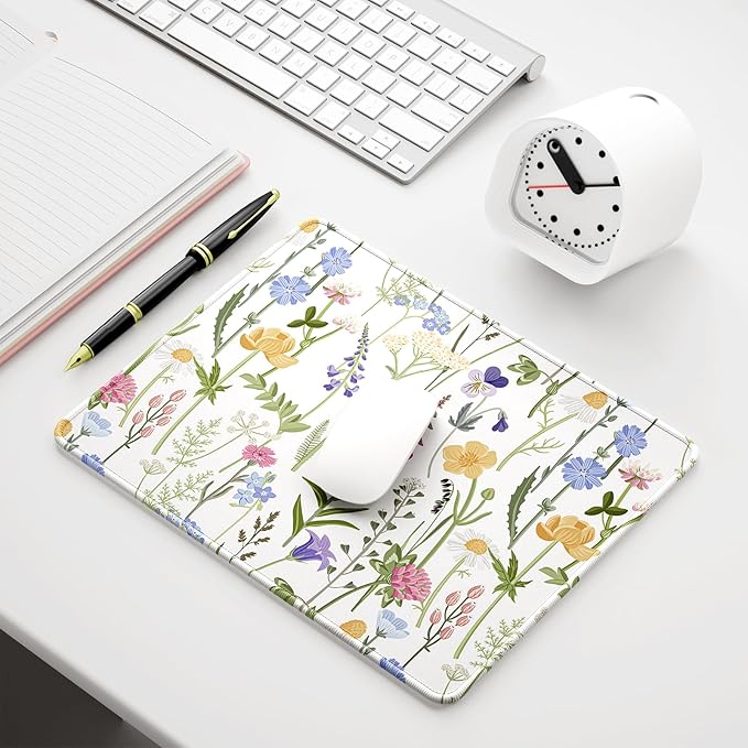 Auhoahsil Mouse Pad, 12 x 10 in Simple Flower Theme Computer Mouse Pad for Desk, Premium-Textured Non-Slip Rubber Stitched Edges Waterproof Square Mouse Mat for Gaming Work Wireless Mice, White