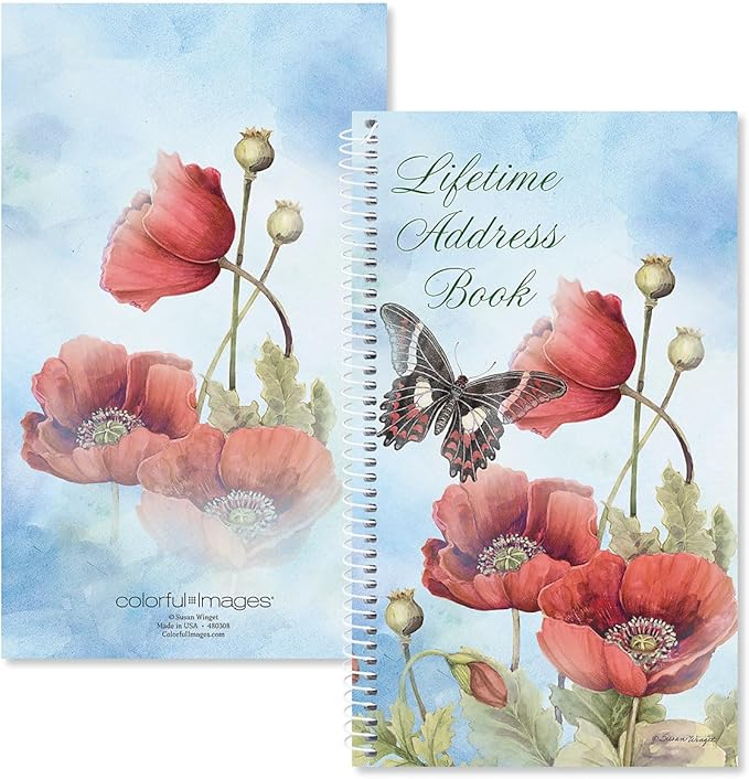 Current Red Spring Poppies Address Book-94 Pages; Small 5" x 8-1/2" Size for Purse or Office,Spiral Bound Soft Cover Organizer for Contacts, Addresses,Email, & Phone Numbers + 50 Replacement Stickers