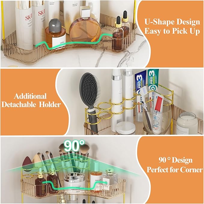 SUNZOS Corner Bathroom Counter Organizer, 2-Tier Countertop Makeup Organizer with Makeup Brush Holder for Dresser, Vanity Perfume Tray for Corner Storage