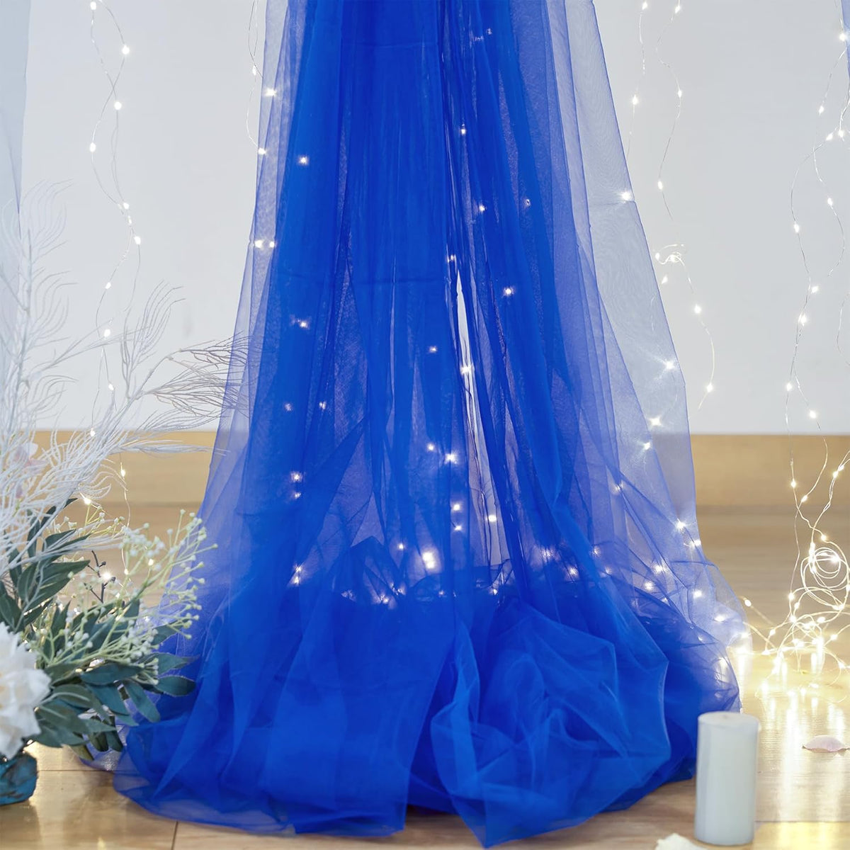 Royal Blue Backdrop Curtains with Lights String for Parites Wedding 10×8ft Sheer Tulle Backdrop Curtain for Graduation Ceremony Baby Shower Birthday Party Prom Photo Shoot Background Decorations
