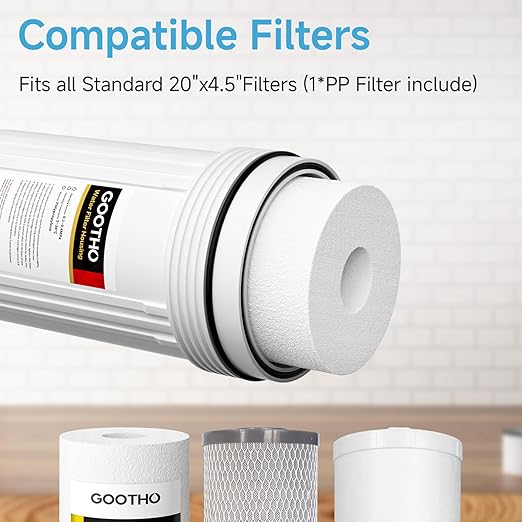 Whole House Water Filter Housing equiped with 20"x4.5" PP Sediment Filters for Well and City Water, Pre-Filtration System for Home, 1" NPT Port, (Housing + PP Filter Combo)