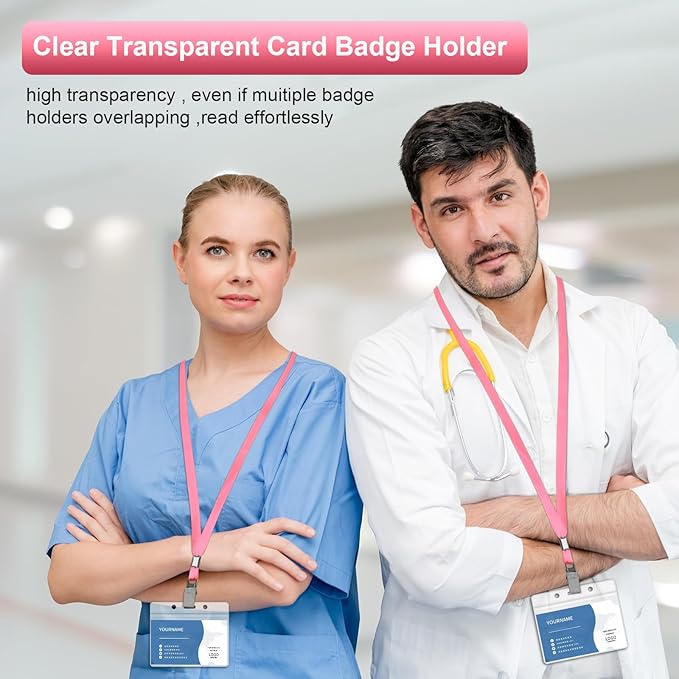 100 Pcs Lanyards for ID Badges and 100 Pcs Clear Name Tag Holders Reusable Lanyard with Clip Plastic ID Card Badge Holder Name Badges for Adults Kids Business School Office Supplies (Pink)
