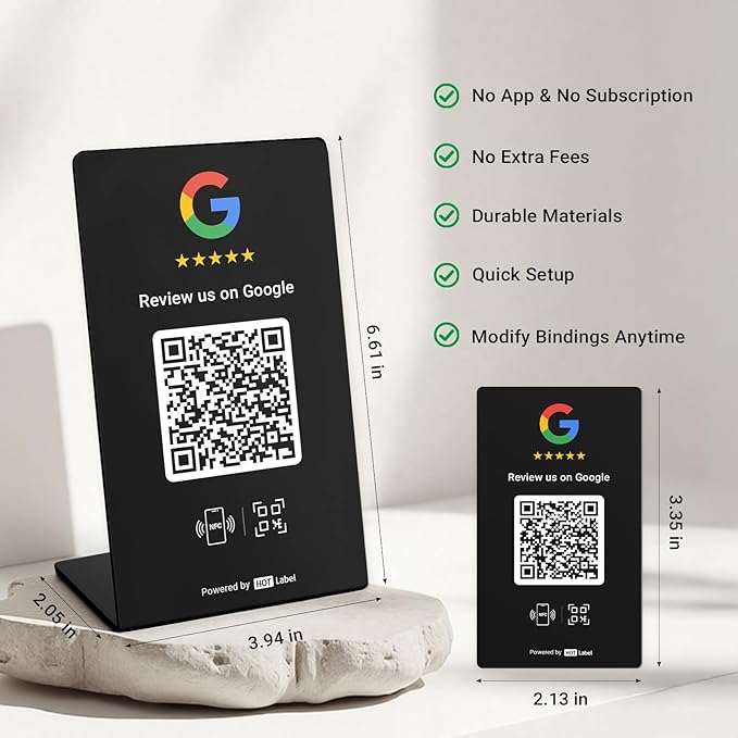 HotLabel – Google Review Stand 3-Pack + Bonus Google Review Tap Card 3-Pack – Black – NFC Tap & QR Code – Supports 6 Different Stores or Same – All Phones Compatible – No App/Subscription