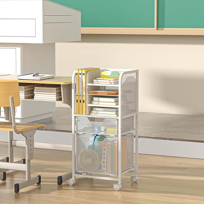Feyejade Rolling File Cart with 2 Drawers, White File Cabinet Organizer for Hanging File Folders, Letter-Size File Storage with Wheels, Multi-Layer Mobile Filing Cabinet for Office and Home, White