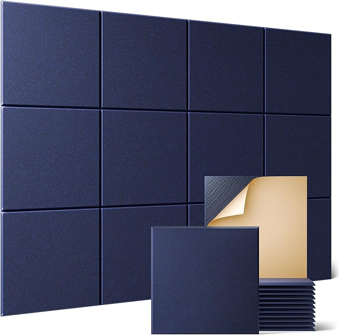 Sonicism 12 Pack Acoustic Wall Panels with Self-Adhesive, 12" X 12" X 0.4" Sound Proof Foam Panels, Decorative Soundproof Wall Panels, Sound Proof Absorbing Tiles for Home & Offices, Dark Blue
