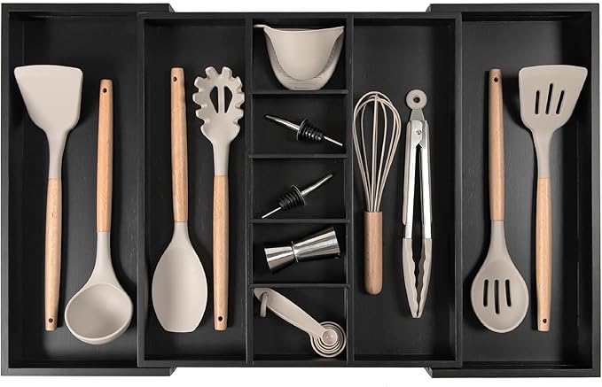 KitchenEdge Adjustable Kitchen Drawer Organizer for Utensils and Junk, Food-Safe Contract Grade with 100% Sustainable Wood, Expandable from 16 to 28 Inches Wide - Black Bamboo