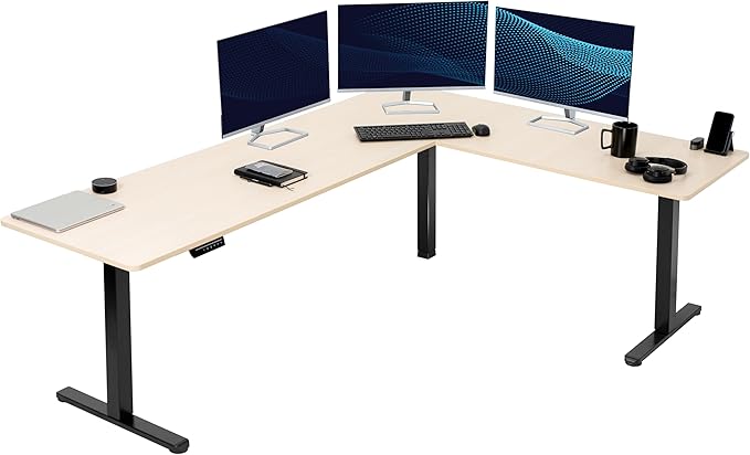 VIVO Electric Corner 84 x 63 inch L-Shaped Standing Desk, Memory Height Adjustment, Light Wood Top Black Frame, DESK-E3CTBC-84