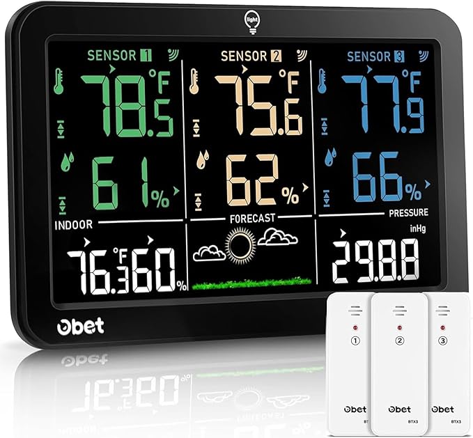 OBET Weather Station Wireless Indoor Outdoor Thermometer Wireless, Color Display Digital Temperature and Humidity Monitor with 3 Sensors, Alerts, Adjustable Backlight, USB Port (500 Feet)