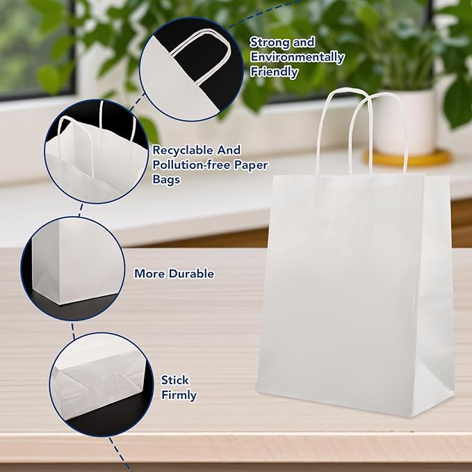 XPCARE 200Pack Paper Bags 8x4.5x10 Inch, Plain Medium Paper Bags with Handles Bulk, Kraft Paper Gift Bag, Retail, Party, Shopping, Favor Bag (White)