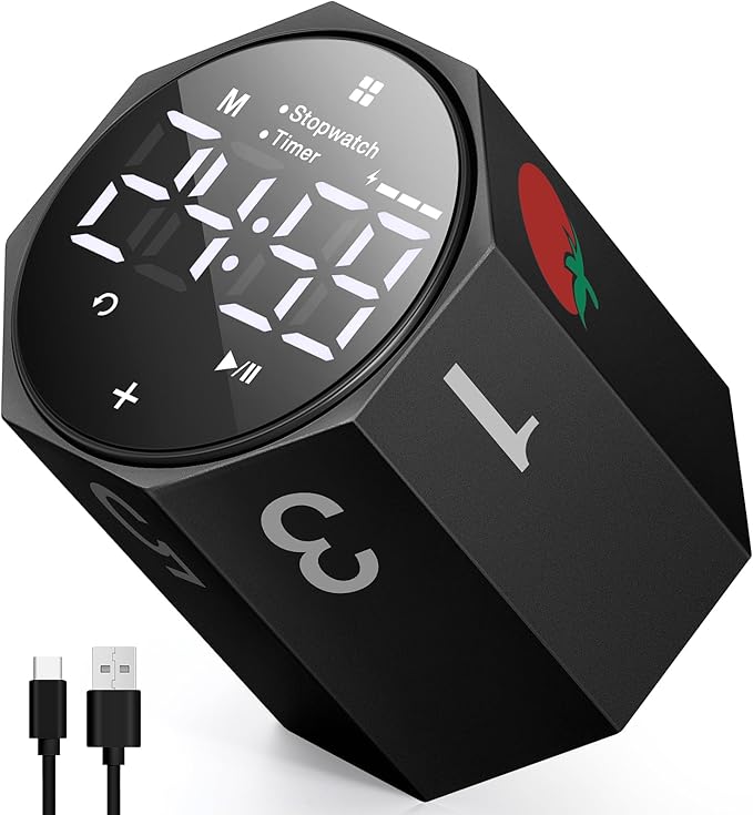 Digital Pomodoro Timer,Frosted Metal Productivity Cube Timer,1.8 In LED Digital Large Screen and Auto-rotating Display,1/3/5/10/25/30/60min & Custom Time, Silent & Alarm,for Office, Study, Work(Black)