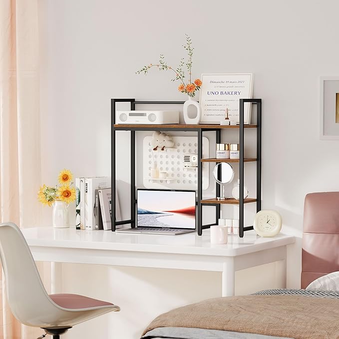 Snughome Desk Shelf, 31.9" Desktop Organizer Shelf, Desk Hutch for Computer Monitor, 4 Tier Desk Top Display Rack, Wood Desktop Bookshelf Storage Rack for Home Office Dorm, Rustic Brown