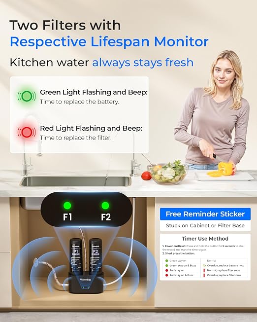 Waterdrop DLG-P Under Sink Water Filter System, Reduces PFAS Chlorine Odor | Dual-Outlet Filtered Water, Wash & Drink, Reduces Chloramine Fluoride Water Filtration System, with Faucet, Life Indicator
