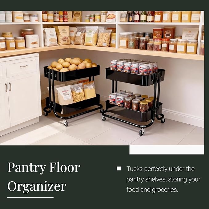 LiWNYRK 2 Tier Cart with Wheels Heavy Duty Metal Rolling Storage Cart for Under Desk Storage, Short Small Utility Shelf for Pantry Kitchen Bathroom Laundry, Home Organizer with Large Basket, Black