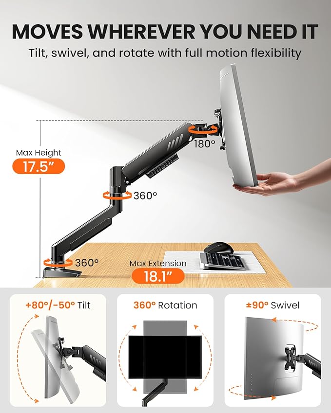 ErGear Single Monitor Arm, Fully Adjustable Monitor Mount for 13–34 Inch Screens, Fast Install Computer Monitor Stand with Tool-Free VESA Mount, Cable Management, Holds 19.8 lbs, Max VESA 100x100mm