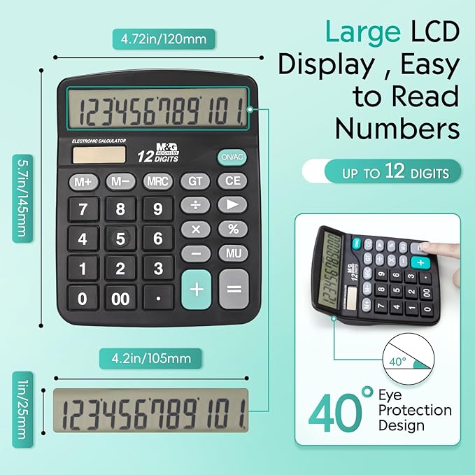 M&G Desk Calculator 12 Digit Office Calculators with Large LCD Display, Dual Solar Power and Battery, Recessed Big Button Calculator for Office Home (Black, Pack of 5)