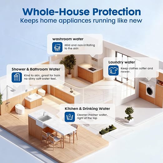 Salt Free Whole Home Water Filtration System,3/4" FNPT Salt Free Water Softener Alternative, 0.5 Micron Filtration Reduce Chlorine, Chemical & Odors Prevent Water Scale Buildup,Protect Appliances