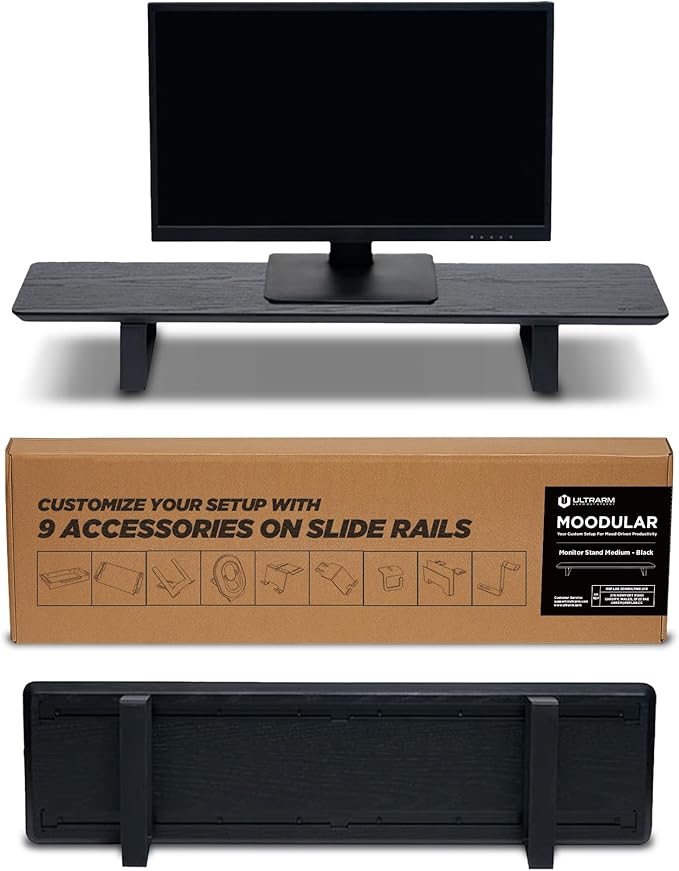 ULTRARM Moodular Wooden Monitor Stand 33.4” (85cm) Desk Organizer with Metal Slide Rails for Drawer, Tray, Laptop, Tablet, Phone & Headphones Customizable Riser for Organized Workspace Black MS85-B