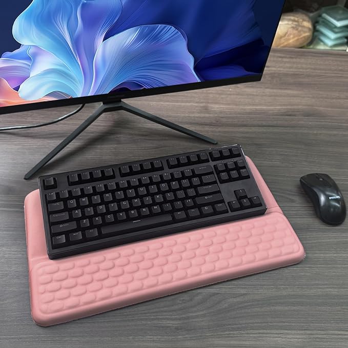 Computer Keyboard Stand with Wrist Rest, Ergonomic Tilted Keyboard Holder - Keyboard Riser with Wrist Pad - Keyboard Tray Support for Office Home - Pink