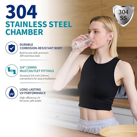 Whole House UV Water Filter System 55W 120V, 12GPM High Flow Whole Home Water Purifier with 3/4” MNPT Ports Equipped with Intelligent Water Flow Switch +1 Extra Bulb