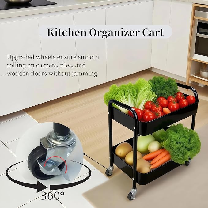LIWNYRK 2 Tier Rolling Cart with Wheels for Under Desk Storage & Pantry Room, Large Capacity Laundry Room & Makeup Organizer, Sturdy Kitchen Utility Cart for Small Space with 4 Hooks, Black
