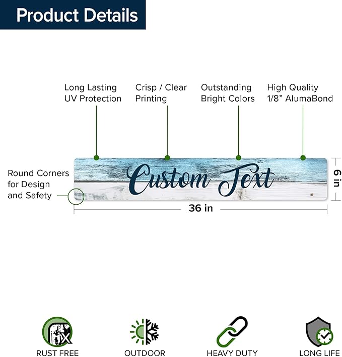 Custom Sign, Custom Street Sign, 11 Font Colors, 13 Font Styles, 4 Hole Options, 22 Sizes, 6x36 Inches, Rust Free DiBound, Fade Resistant, Made in USA by My Sign Center (Coastal)