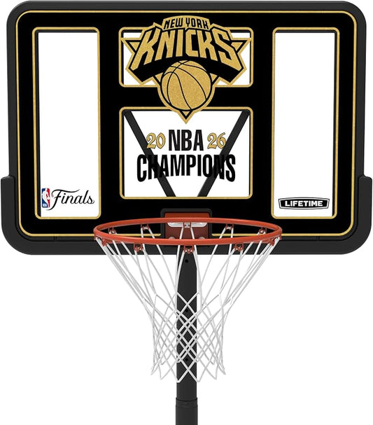 Lifetime NBA New York Knicks Championship Edition Portable Basketball Hoop, Adjustable Height 7.5-10 Ft, 44 Inch Shatterproof Fusion Backboard, Base with Wheels