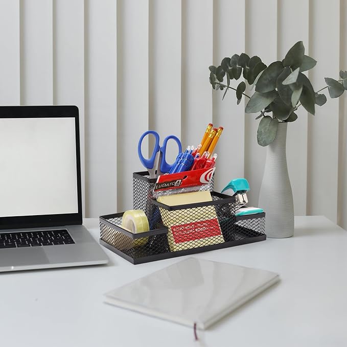 Ludato Desk Organizers Pen Holder for Desk, 4 Compartments Black Mesh Pen Holder Storage for Office Desk Accessories