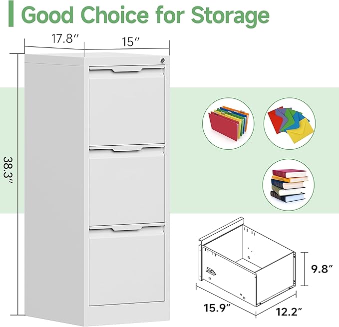 3-Drawer File Cabinet with Lock,Metal Vertical Filing Cabinets for Home Office,Under Desk File Cabinets for Letter/Legal/A4 Size Files,Assembly Required