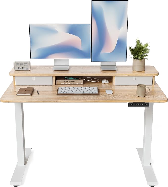 FEZIBO 48 x 24 Inch Height Adjustable Electric Standing Desk with Double Drawer, Computer Desk, Home Office Stand Up Table with 4 Height-Adjustable Feets & 2 Hooks, Maple