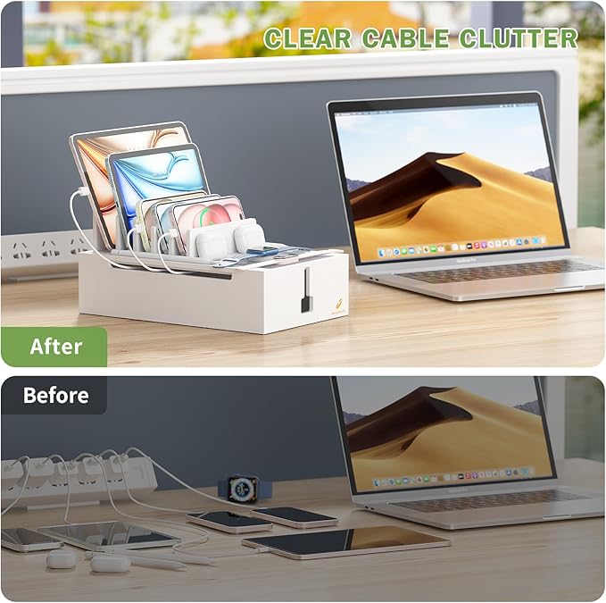 Pezin & Hulin Bamboo Charging Station, Electronic Devices Organizer for Multiple Devices Charger Such As Cell Phone, Tablet, Watch and More, White, (No USB Charger and Cables